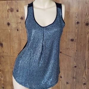Ecru square patterned sequin rayon navy tank top